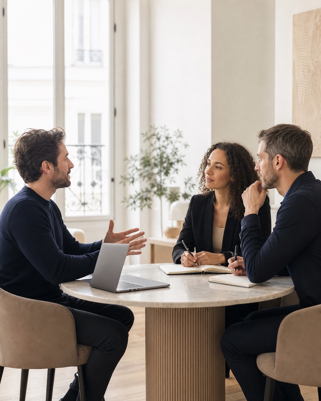 Un entrepreneur présente son projet à deux membres de l’équipe WebFitYou
