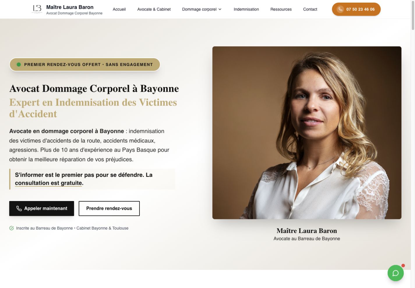 Page d’accueil du site de Maître Laura Baron, avocate en dommage corporel à Bayonne