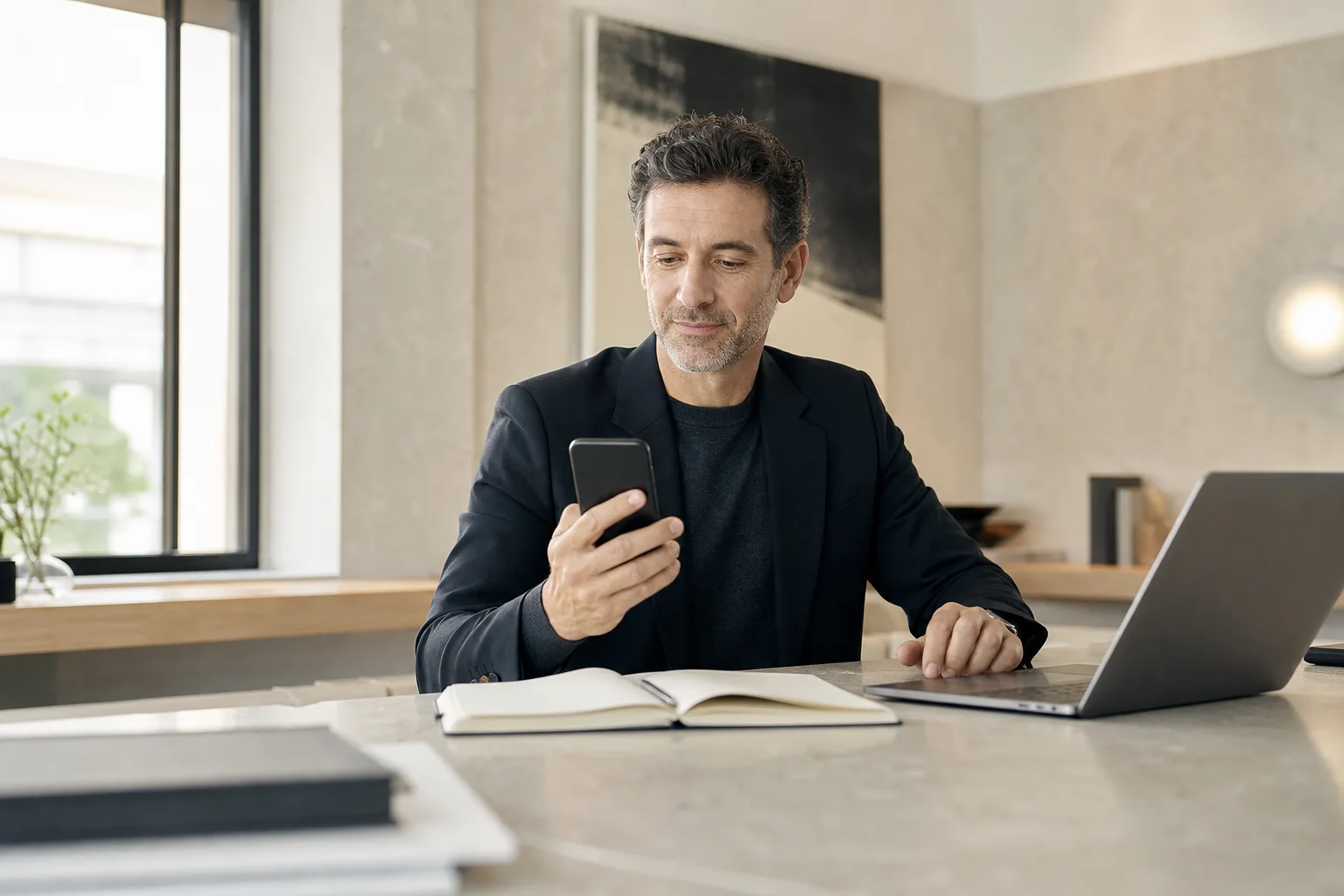 Entrepreneur recevant une demande client sur son téléphone