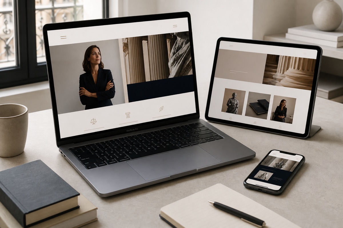 Déclinaison du site du cabinet sur un MacBook, un iPad et un iPhone Apple