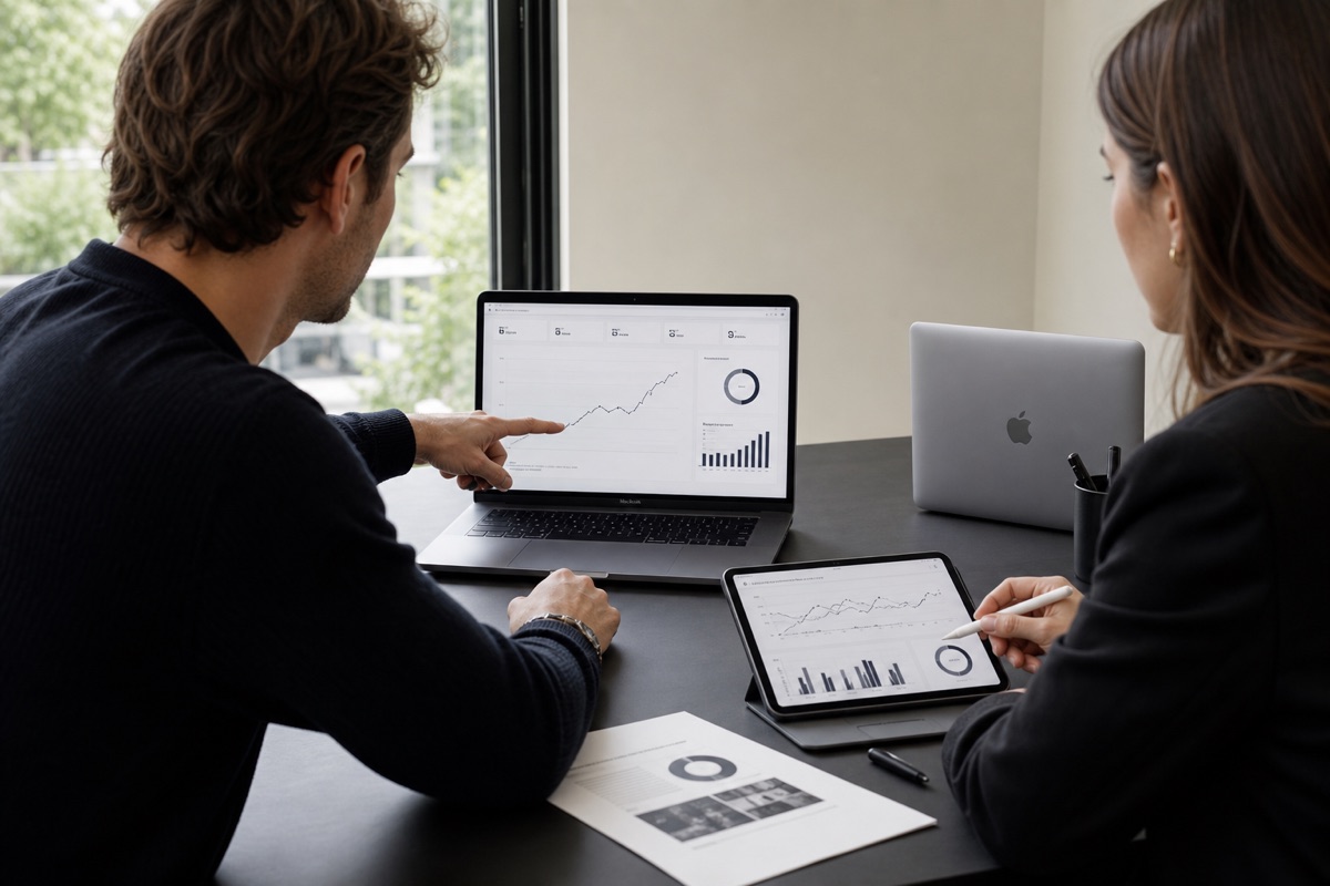 Équipe WebFitYou analysant les résultats organiques sur un MacBook et un iPad Apple