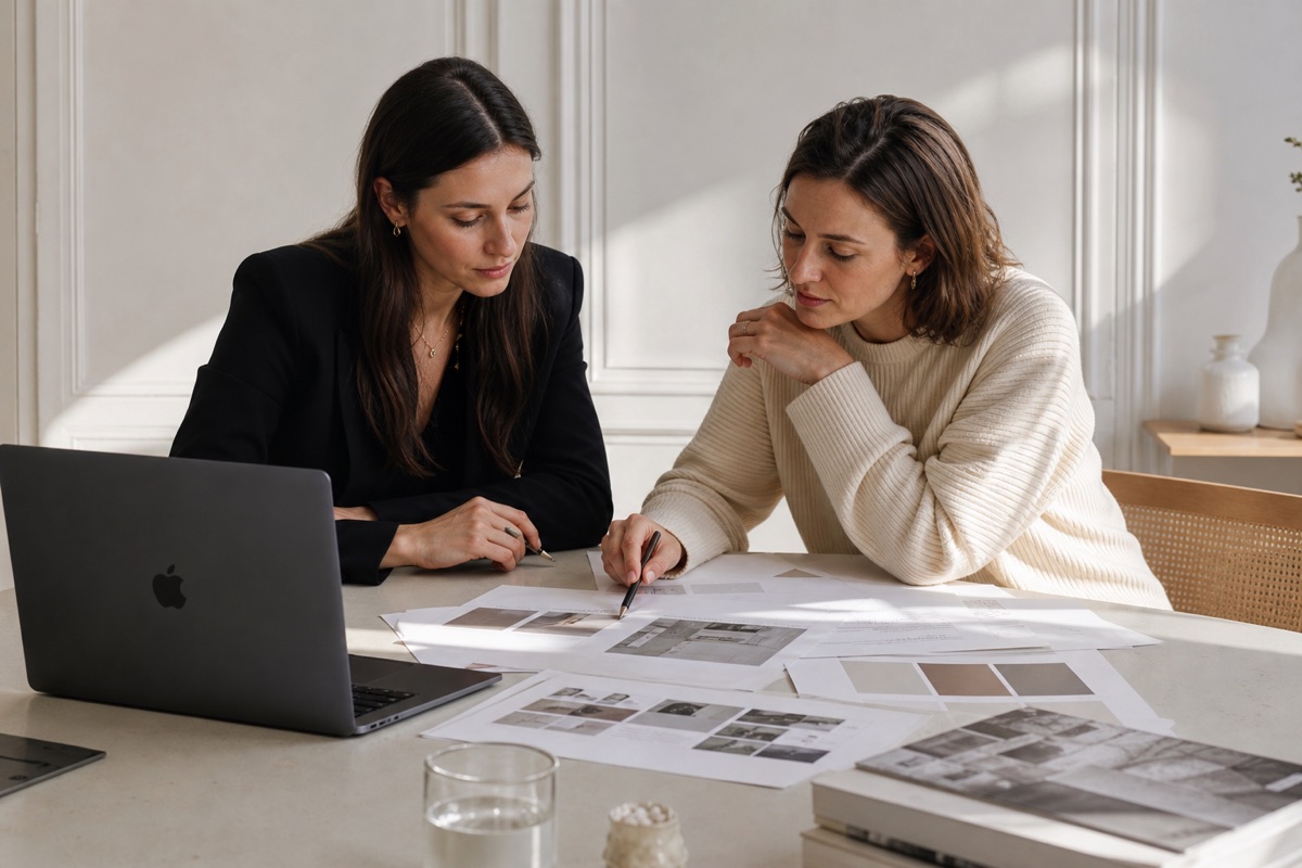 Maître Laura Baron et une designer définissant ensemble l’identité visuelle de son cabinet sur un MacBook Apple