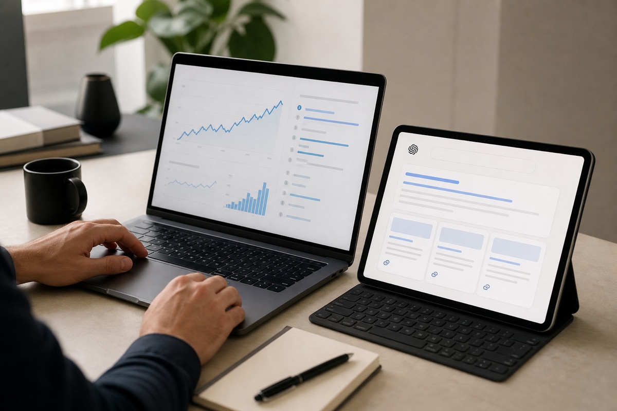 Analyse conjointe de la progression SEO et des recommandations générées par les moteurs IA sur des appareils Apple