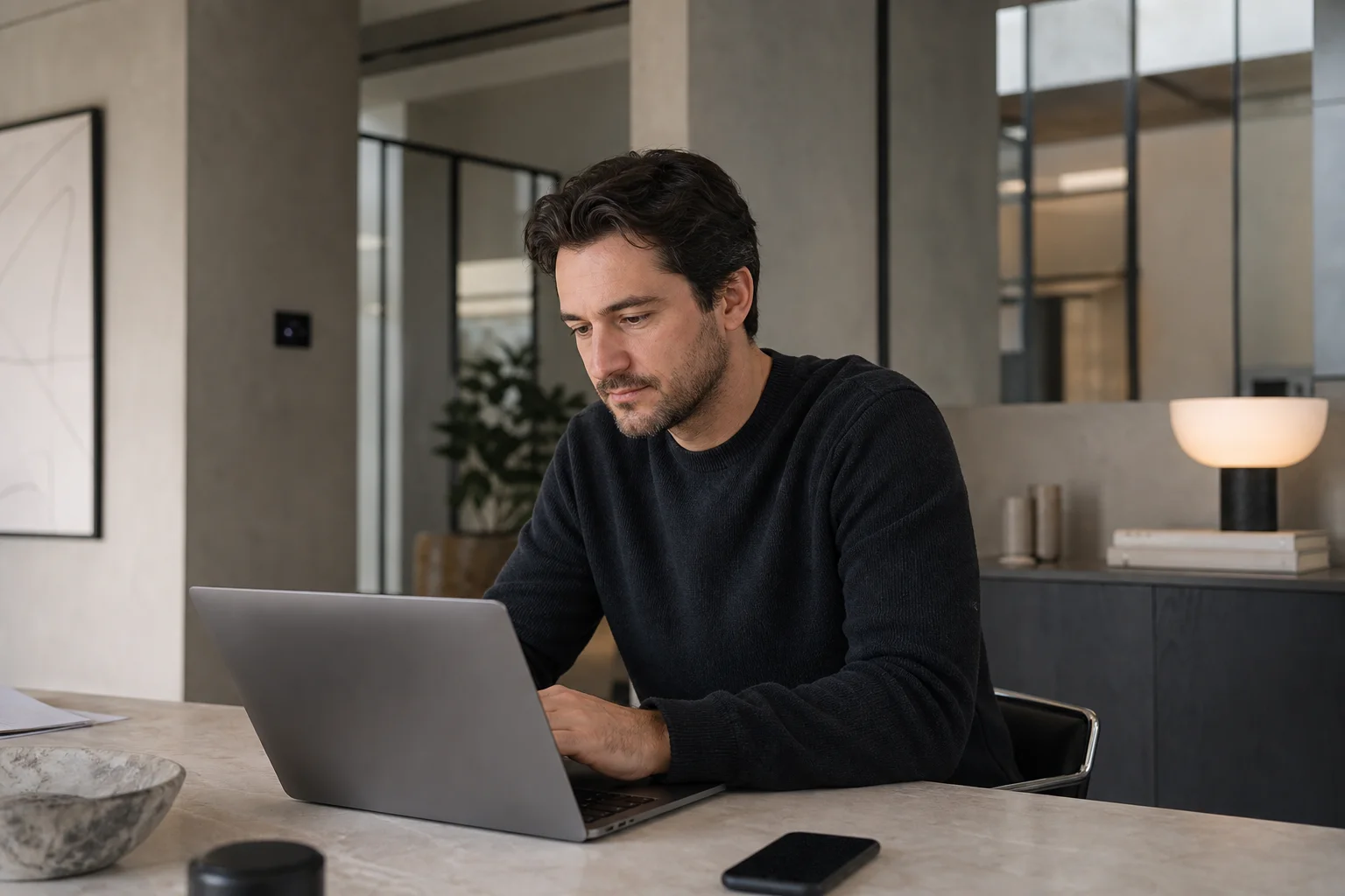 Professionnel effectuant une recherche en ligne depuis son ordinateur