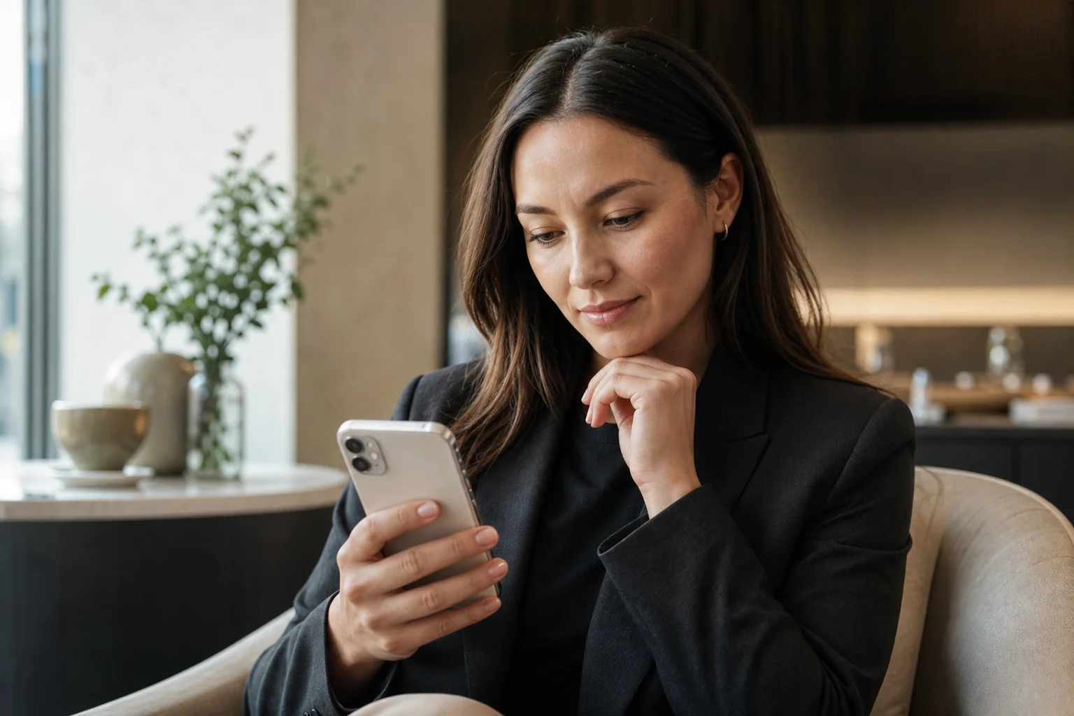 Professionnelle consultant une recommandation sur son téléphone