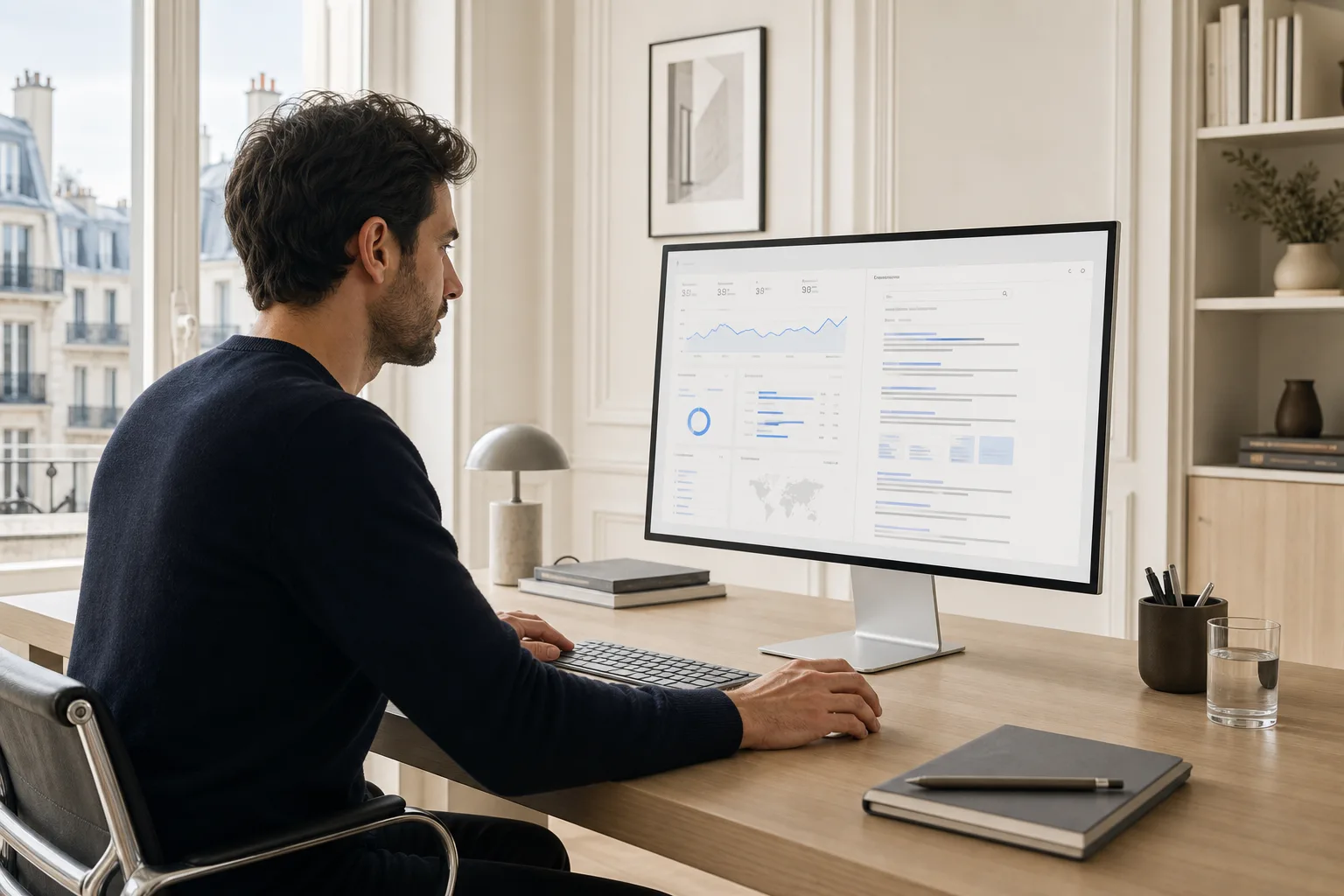 Spécialiste de l’équipe SEO WebFitYou analysant les performances organiques d’un site