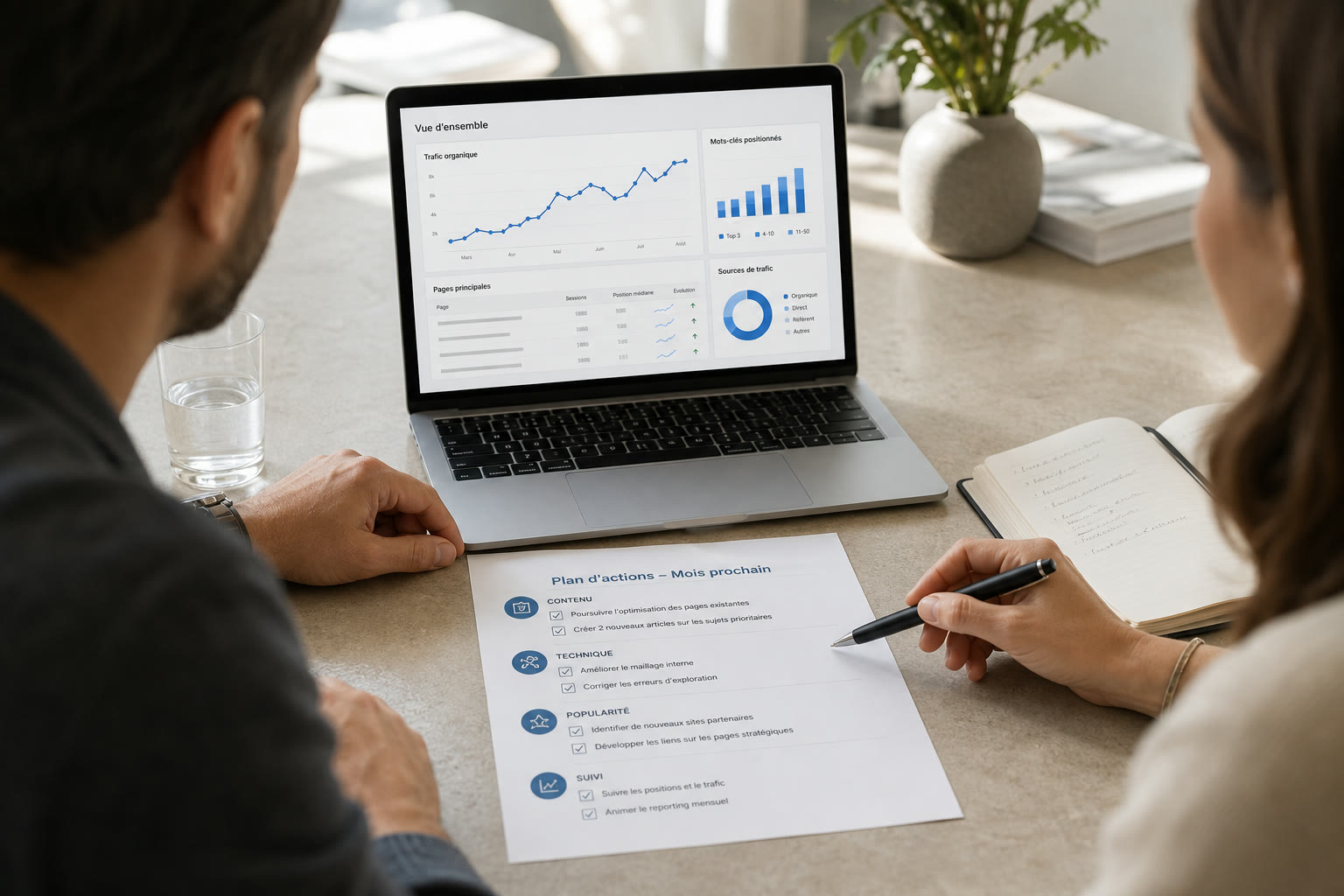 Consultant et client examinant un rapport SEO et un plan d’actions mensuel