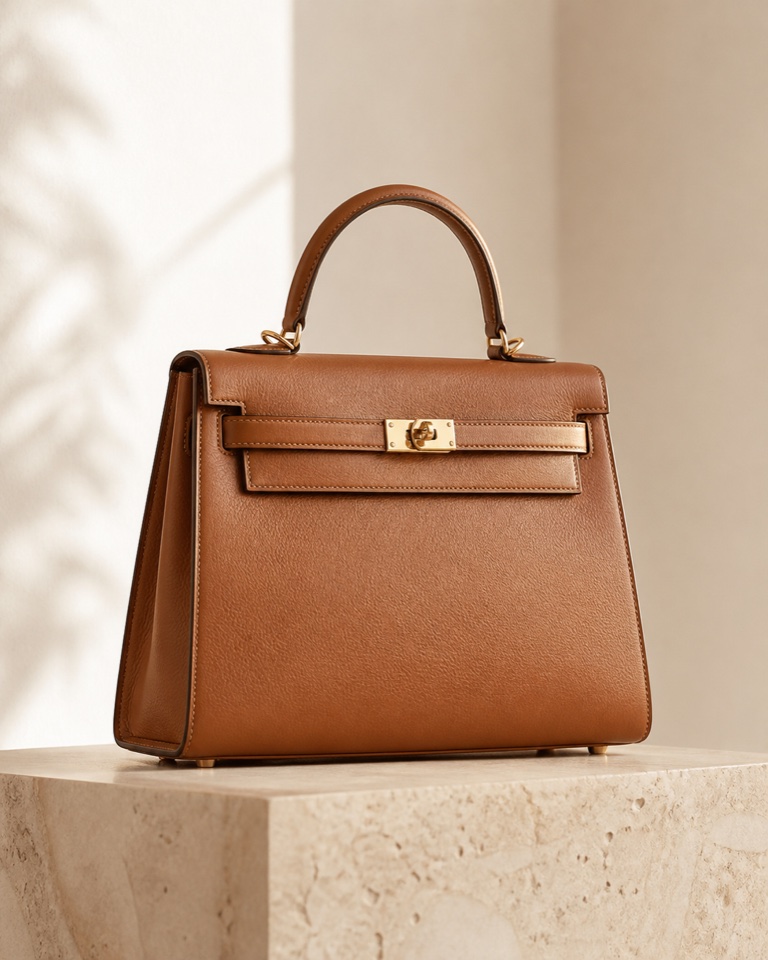 Sac à main structuré en cuir cognac présenté dans une publicité Instagram